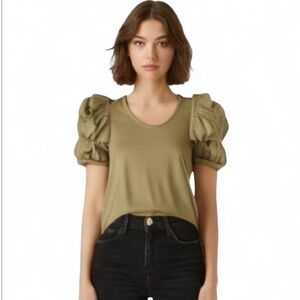 Puff Sleeve Top Tee 100% Cotton Olive Green Trish Scully NWT